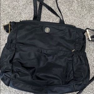 Black Tory Burch diaper bag.